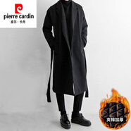 皮爾卡丹（pierre cardin）2020秋季風(fēng)衣男長(cháng)款潮流帥氣過(guò)膝防風(fēng)學(xué)生毛呢外套韓版寬松外套男 FK15黑色腰帶加棉 M