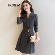 BCMDM香港潮牌職業(yè)西裝連衣裙女 2025春季新款正裝收腰大碼百褶A字短裙 灰色665款 L