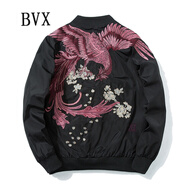 BVX日系復古MA1飛行員夾克男時尚個性刺繡棒球服秋冬季新款潮牌情侶裝寬松百搭休閑外套 黑紅款【單款】 XL