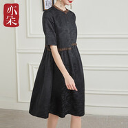 亦朵夏裝重工真絲香云紗連衣裙女黑色今年流行桑蠶絲裙子 黑色 L