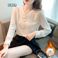 HKBQ輕奢實(shí)拍秋冬新款加絨V領(lǐng)雪紡襯衫氣質(zhì)上衣打底衫蕾絲女小衫 杏色加絨 XL