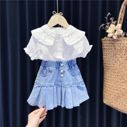 適合0-8歲小孩子小女孩夏天穿的衣服女童夏裝套裝兩件套小童韓版洋氣白色半袖襯衫牛仔裙百褶裙半身裙 套裝 130 建議身高125厘米左右
