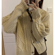 燕潯復(fù)古麻花慵懶風(fēng)加厚毛衣開衫女短款秋冬寬松外穿洋氣針織衫女外套 奶茶 均碼 適合80-135斤