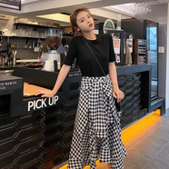 miss nitaly連衣裙新款夏甜美氣質(zhì)通勤顯瘦韓版法國小眾黑T假兩件復(fù)古格子 黑色 M