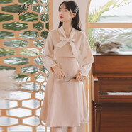 儀纖法式復古蝴蝶結假兩件少女長袖連衣裙子女學生2024秋季新款仙女裙 杏色 M