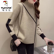 啄木鳥羊毛衫女半高領(lǐng)毛衣女秋冬加厚設(shè)計(jì)感女士針織衫冬季加絨百搭寬松 卡其色 S 【80-90斤】