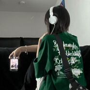 艾妃琳美式復古潮牌t恤寬松墨綠色女學(xué)生休閑短袖原宿風(fēng)印花百搭上衣服 墨綠色  L 105-120斤