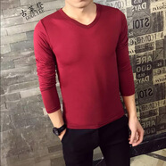 楠子漢男士長袖t恤純色土夏天長薄款秋衣上衣服外穿秋天夏季學(xué)生血春秋 長袖 V領(lǐng) 酒紅 XL碼125-140斤