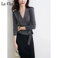 拉夏貝爾（La Chapelle）圍裹交叉綁帶V領(lǐng)針織衫秋冬氣質(zhì)時尚修身顯瘦百搭打底毛衣女 純100自動發(fā)熱灰色 純100自動發(fā)熱XL 建議105-115斤