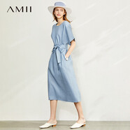 AMII女裝2025小清新配腰帶長(cháng)款連衣裙新款亞麻收腰裙子女顯 灰藍 S 155/80A