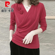皮爾卡丹（pierre cardin）秋季新品V*領(lǐng)洋氣時(shí)尚百搭氣質(zhì)減齡打底衫女士亮絲長(zhǎng)*袖顯瘦t恤上 紅色 XL 85-110斤