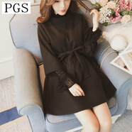 【優(yōu)質(zhì)呢子 加絨加厚】秋冬季連衣裙學(xué)生套裝蕾絲打底衫女裝時(shí)尚呢子裙可愛(ài)娃娃a字裙收腰系帶中長(cháng)款 套裝黑色(加絨)蕾絲衫+黑色連衣裙 M