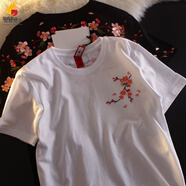 玖維婭夏季2025新款國潮櫻花刺繡短袖男中國風上衣t恤男女學生寬松半袖 白色 XL
