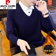 皮爾卡丹（pierre cardin）襯.衣領(lǐng)假領(lǐng)男士毛衣潮韓版休閑秋冬針織加絨加厚款假兩件羊.毛衫 C02加絨藏青色 3XL