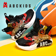 ABC KIDS童鞋男童鞋2024冬季新款兒童籃球鞋革面旋轉(zhuǎn)紐扣中童訓(xùn)練球鞋子 革面秋款黑紅 32