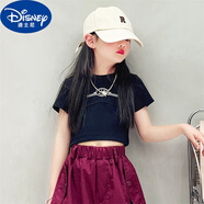 迪士尼（Disney）女童夏裝爵士舞工裝褲套裝兒童冬季時(shí)髦街舞長(cháng)褲中大童褲子兩件套 單件黑色 【短袖T恤】 120 cm