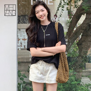 美洋（MEIYANG）簡(jiǎn)愛(ài)T撞色字母刺繡圓領(lǐng)休閑百搭寬松短袖上衣時(shí)尚短t新款短袖T恤 黑色（短版） M