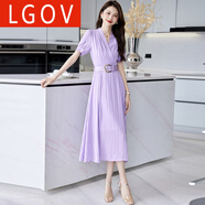 LGOV女裝旗艦店豎條紋雪紡連衣裙女2025新款夏季感法式v領(lǐng)氣質(zhì)收腰顯瘦長(cháng)裙 紫色 L