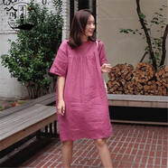 弄堂里光風(fēng)霽月韓版2019寬松短袖棉麻連衣裙女大碼中長(cháng)款亞麻娃娃裙百搭 玫紅色 XL