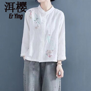 洱櫻禪服佛系女棉麻茶服女中國(guó)風(fēng)刺繡襯衫復(fù)古盤扣長(zhǎng)袖立領(lǐng)寬松打底亞 白色 會(huì)有一點(diǎn)縮水 棉麻面料會(huì)有一點(diǎn)皺 2XL