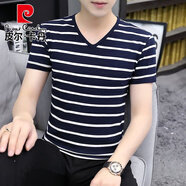 皮爾卡丹（pierre cardin）2025新款夏季黑白橫條紋男士短袖t恤V領(lǐng)純棉雞心領(lǐng)修身半截袖體恤 V*領(lǐng)-藏青色 【1件】 XL 適合【130-145斤】