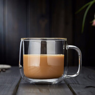 美斯尼 咖啡杯玻璃杯雙層水杯泡茶玻璃辦公杯子果汁杯牛奶杯加厚帶把手 雙柱杯300ml1只