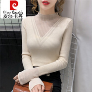 皮爾卡丹（pierre cardin）半高領(lǐng)網(wǎng)紗鏤空毛衣打底衫秋冬新款洋氣蕾絲拼接內(nèi)搭針織衫女上衣 杏色 M