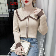 她風(fēng)采 2021春秋新款復古撞色娃娃領(lǐng)打底毛衣女修身內搭套頭針織衫上衣 卡其色 L 100-110斤