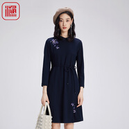 漁漁牌女裝秋季2024新款翻領(lǐng)純羊毛中式刺繡花毛呢連衣裙子FGGC0029 深藍(lán) S