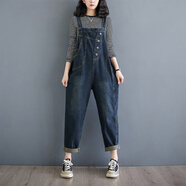 蘑菇同學(xué)正反兩穿牛仔褲女秋季新款百搭寬松牛仔背帶褲女高腰九分褲女 深藍色 L 建議115-130斤