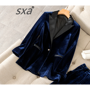 SXA香港潮牌金絲絨小西裝套裝女秋冬新款休閑西服氣質(zhì)職業(yè)兩件套 貴族藍【單件西裝】 3XL