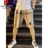 皮爾卡丹夏季冰絲薄款男士拼色休閑短褲網(wǎng)紅外穿潮流速干沙灘褲格子五分褲針織 紅條淺卡其 28