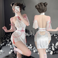 曼煙 情趣內(nèi)衣 制服誘惑古風(fēng)立領(lǐng)旗袍透明蕾絲包臀連體衣民國丁字褲角色扮演國潮套裝 性感抽繩旗袍 白 8524