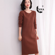 SXA香港潮牌長(zhǎng)袖毛衣連衣裙女2025秋冬新款氣質(zhì)純色打底裙顯瘦針織裙 深卡其色(圓領(lǐng)) M