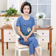 花陌田【上衣+褲子】夏季中老年人女裝絲麻短袖兩件套裝寬松大碼媽媽裝 藍(lán)色 4XL【建議140-160斤】