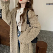 賢語秋冬韓版慵懶風(fēng)復(fù)古麻花中長款毛衣外套女寬松百搭長袖針織開衫潮 卡其色外套(版) L