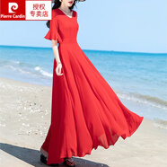 皮爾卡丹（pierre cardin）2025夏季新款超仙時(shí)尚氣質(zhì)真絲桑蠶絲連衣裙修身顯瘦沙灘大擺長(cháng)裙 紅色 M