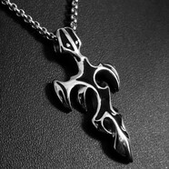 玄境堂 十字架火焰劍鈦鋼項鏈男士個(gè)性吊墜款狼牙圖騰飾品掛件 珍珠鏈 55cm長(cháng) 3mm粗 吊墜+配鏈