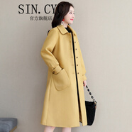 SIN.CYC女裝千鳥(niǎo)格毛呢大衣女中長(cháng)款秋冬裝娃娃領(lǐng)紅色格子女士外套潮 黃色 M