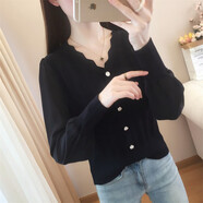 冰絲針織衫女長袖春秋新款v領(lǐng)荷葉邊雪紡袖上衣薄款洋氣打底小衫 黑色 M