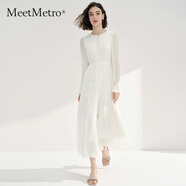 MeetMetro瑪依爾法式浪漫長(cháng)袖連衣裙女2025秋新款優(yōu)雅顯瘦A字長(cháng)裙 白色【現貨閃電發(fā)】 L