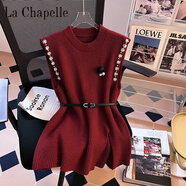 拉夏貝爾（La Chapelle）薄荷曼波馬甲針織春秋設計毛衣氣質(zhì)女裝寬松顯瘦時(shí)尚收腰上衣 純100自動(dòng)發(fā)熱紅色 單件馬甲送腰帶 純100自動(dòng)發(fā)熱S 80-95斤