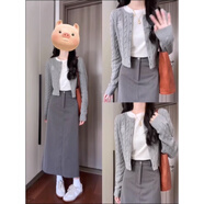 妍莉芬（yanlifen）春裝搭配一整套韓劇穿搭衣服氣質(zhì)小香風(fēng)連衣裙兩件套裝女裙子春秋 內(nèi)搭+開衫+裙子 L 【105-115斤】