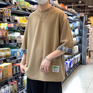華天牧260斤大碼七分袖T恤男夏季百搭拼接冰絲短袖套頭體恤衫九分袖上衣 t05咖啡色 4XL 180-210斤