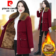 皮爾卡丹加絨加厚派克中長款棉服冬季新款女裝寬松棉衣羊羔絨羽絨棉襖外套 酒紅色【加絨加厚】 XL 【建議110-120斤】