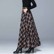秋冬季有松緊腰加厚半身裙中長款女士半截裙【秋冬加厚】毛呢半身裙高腰顯瘦百搭口袋長裙松緊腰A 藍(lán)橙格 M_建議80-100斤