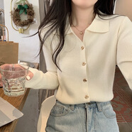 妙奕嘉衣服女裝秋季針織衫打底衫內(nèi)搭洋氣長袖上衣早秋穿搭2024年最新款 polo領(lǐng)金屬紐扣針織衫【杏色】 均碼 【建議80-125斤】