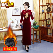 初徑秋冬加絨旗袍改良連衣裙中年女刺繡媽媽復古金絲絨長(cháng)款旗袍裙 加絨 2號花酒紅色 XL建議【113~124斤】