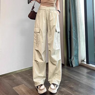 沂歆秋季直筒褲子女寬松闊腿褲休閑工裝褲小個(gè)子2025年新款百搭顯瘦 杏色松緊腰系帶工裝褲 M 【建議約90-105斤】