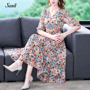 三禮高端品牌女裝新款真絲連衣裙女桑蠶絲減齡長裙百搭闊太太遮肚顯瘦 花色 L